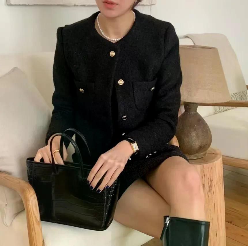 여성 코트 싱글 우아한 트위드 모직 자켓 루즈 피트 몸집이 작은 자른 나일론 카디건 탑 가을 블루 - 상세 이미지 3