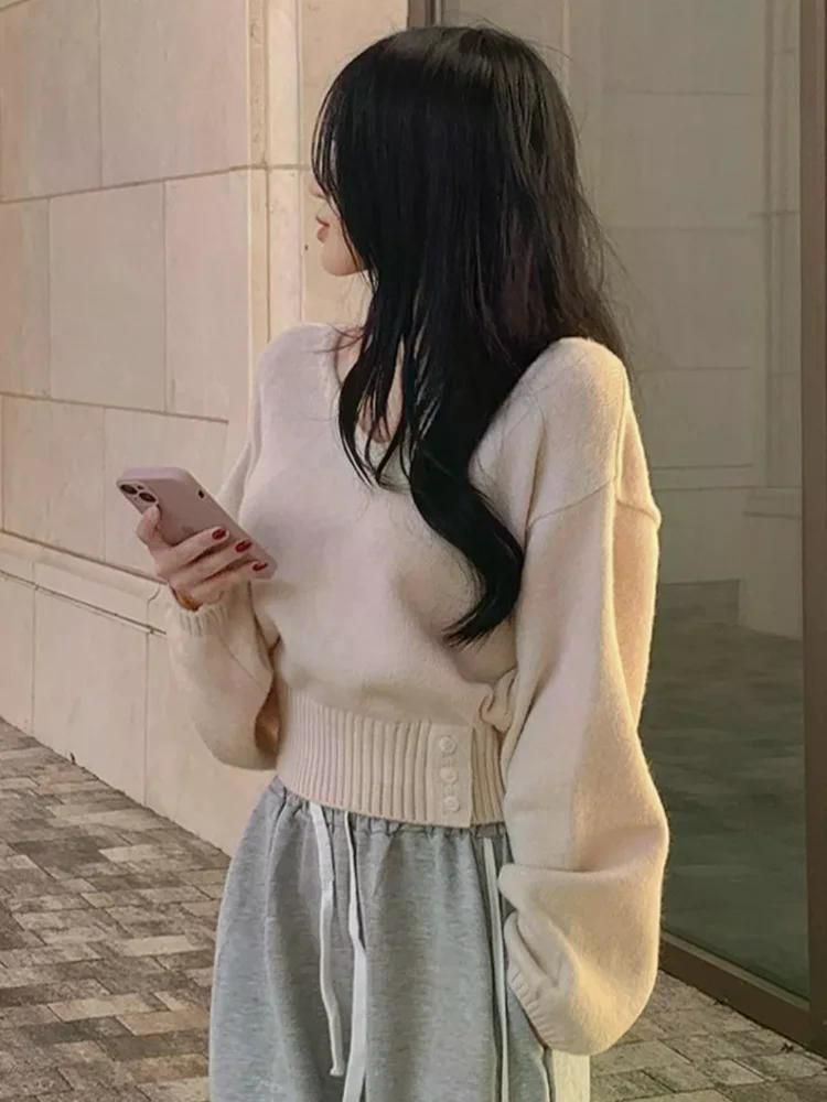 여성 우아한 브이넥 슬리밍 니트 풀오버 스웨터 케이블 울 겨울 라운드 루즈핏 베이지 - 상세 이미지 4