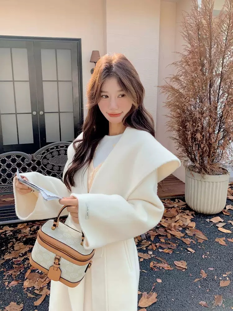 캐시미어 하프 랩코트 후드 고급 경량 울 가벼운 세련 심플 클래식 가을겨울 화이트 블랙 - 상세 이미지 3