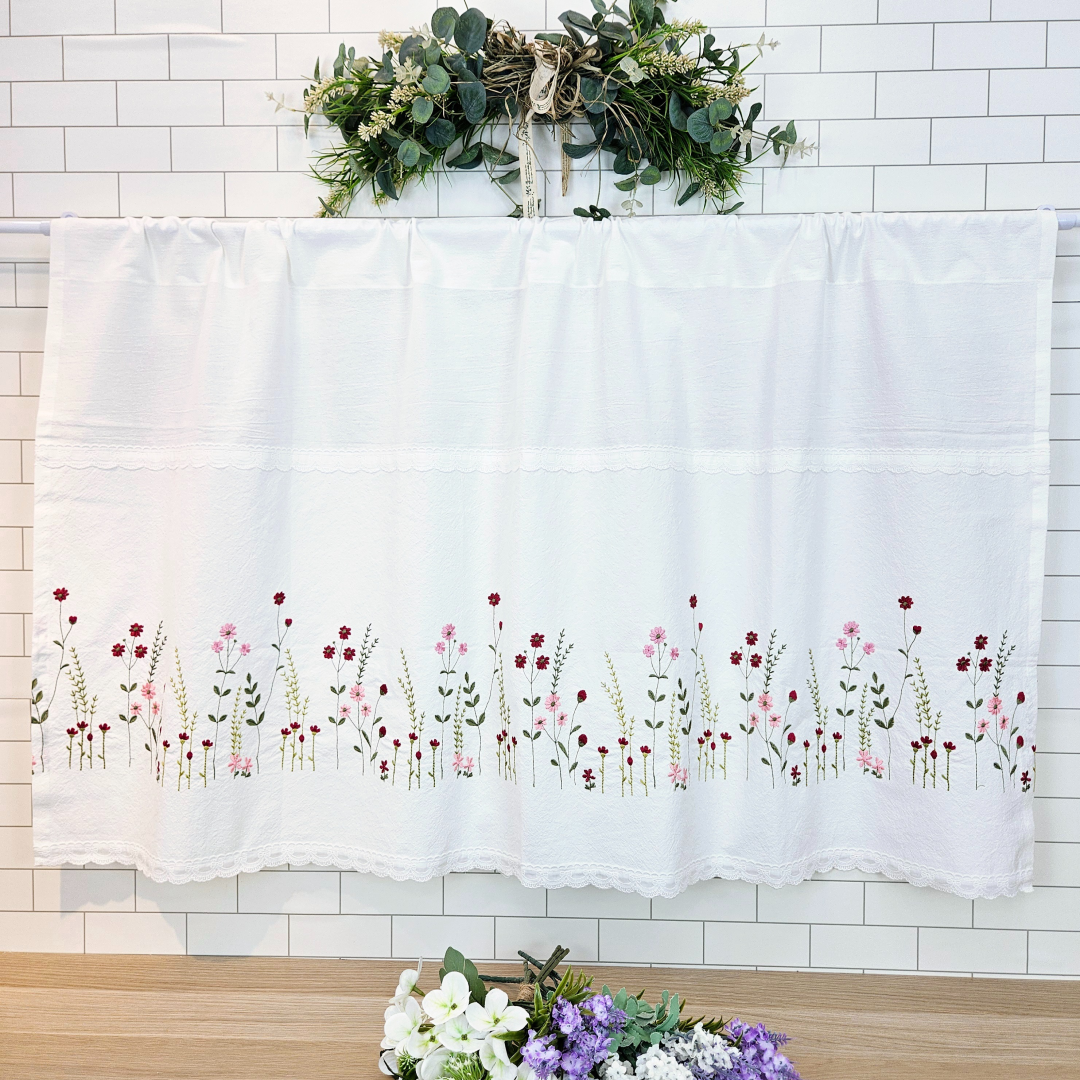 [바란스커튼] 주방 창문 커튼 광목 자수 가리개 70cm 들꽃 홈수니