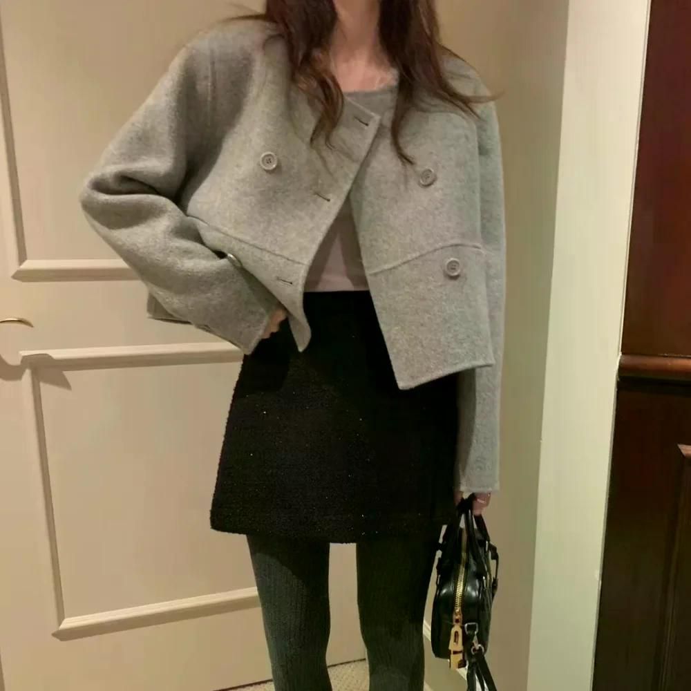 자켓 여성 트위드 빈티지 라운드 넥 더블 행 버클 모직 짧은 재킷 가을 그레이 - 상세 이미지 5