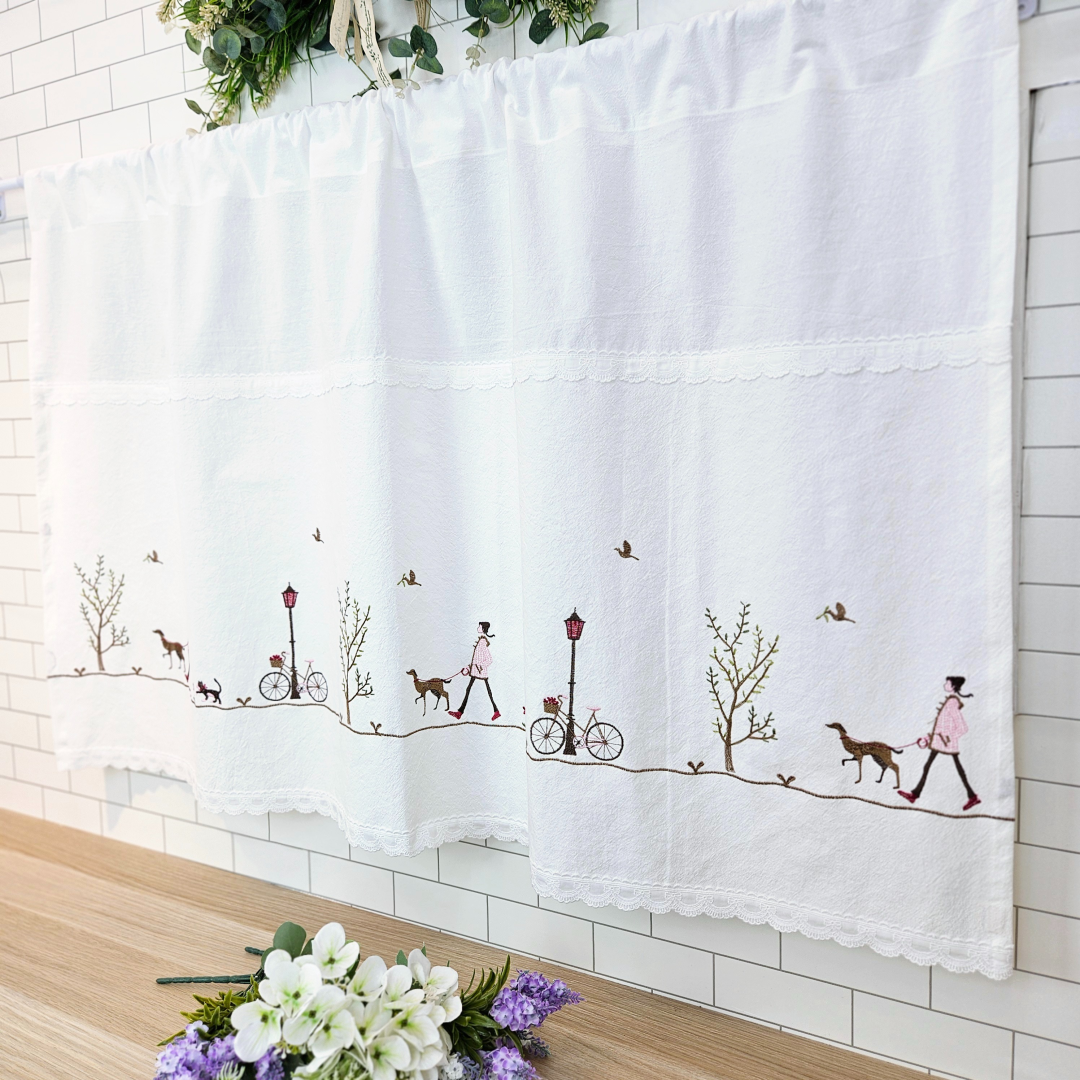 [바란스커튼] 주방 창문 커튼 광목 자수 가리개 70cm 강아지산책 홈수니