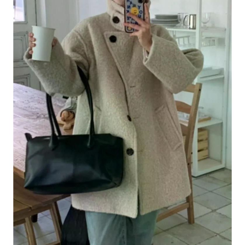 겨울용 여성 가디건 울 니트 코트 가을 루즈핏 캐시미어 겨울 크롭 간절기 긴팔 오버핏 블랙 - 메인 이미지