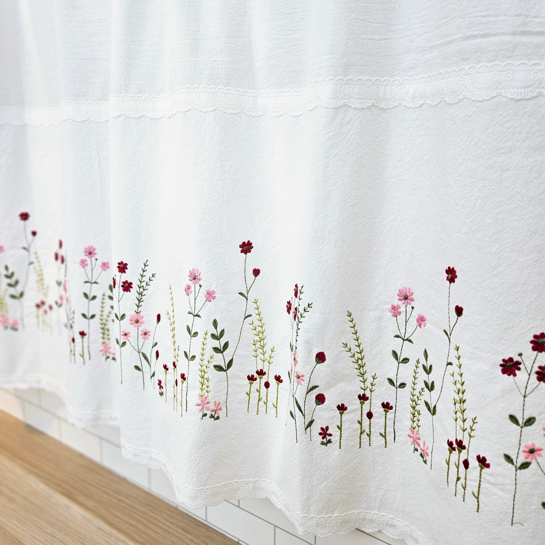 [바란스커튼] 주방 창문 커튼 광목 자수 가리개 70cm 들꽃 홈수니