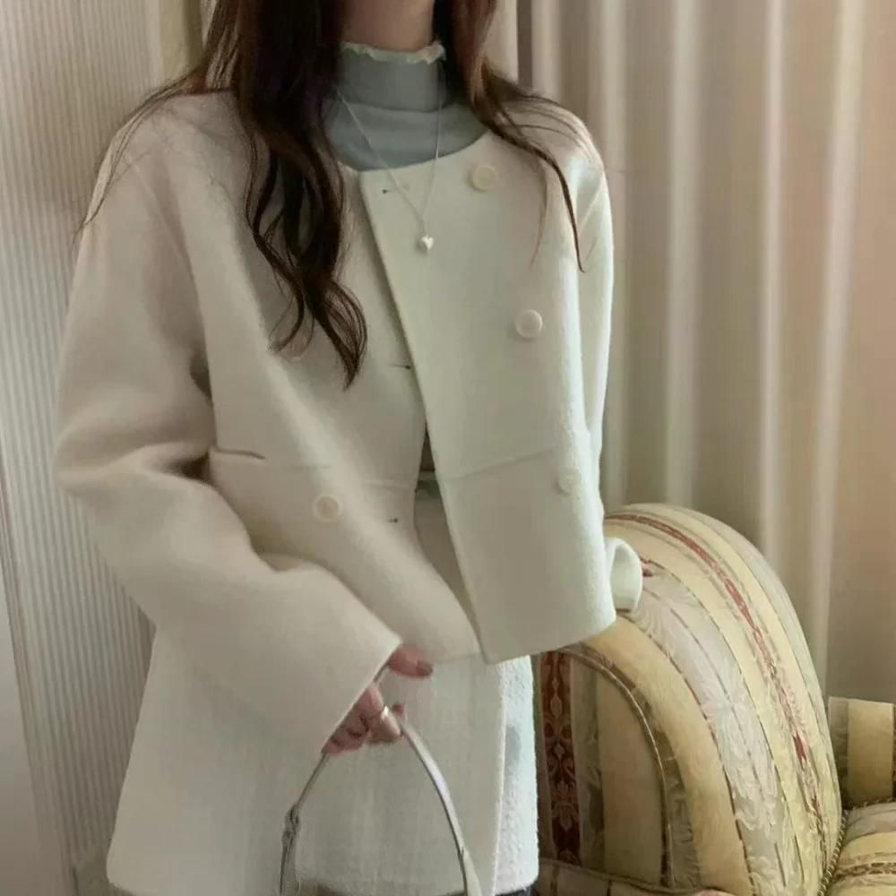 자켓 여성 트위드 빈티지 라운드 넥 더블 행 버클 모직 짧은 재킷 가을 그레이 - 상세 이미지 4