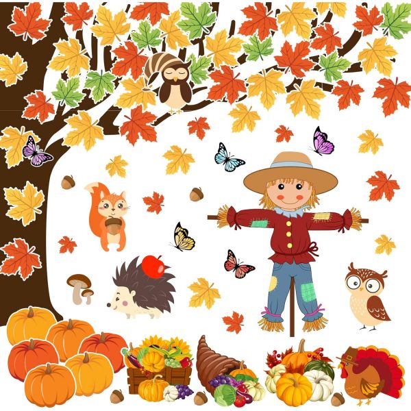 94pcs 추수감사절 교실 트리 게시판 장식 가을 칠판 벽 행복한 컷아웃 단풍나무 잎 허수아비 호박 나비 장식용 : 쇼핑하하1
