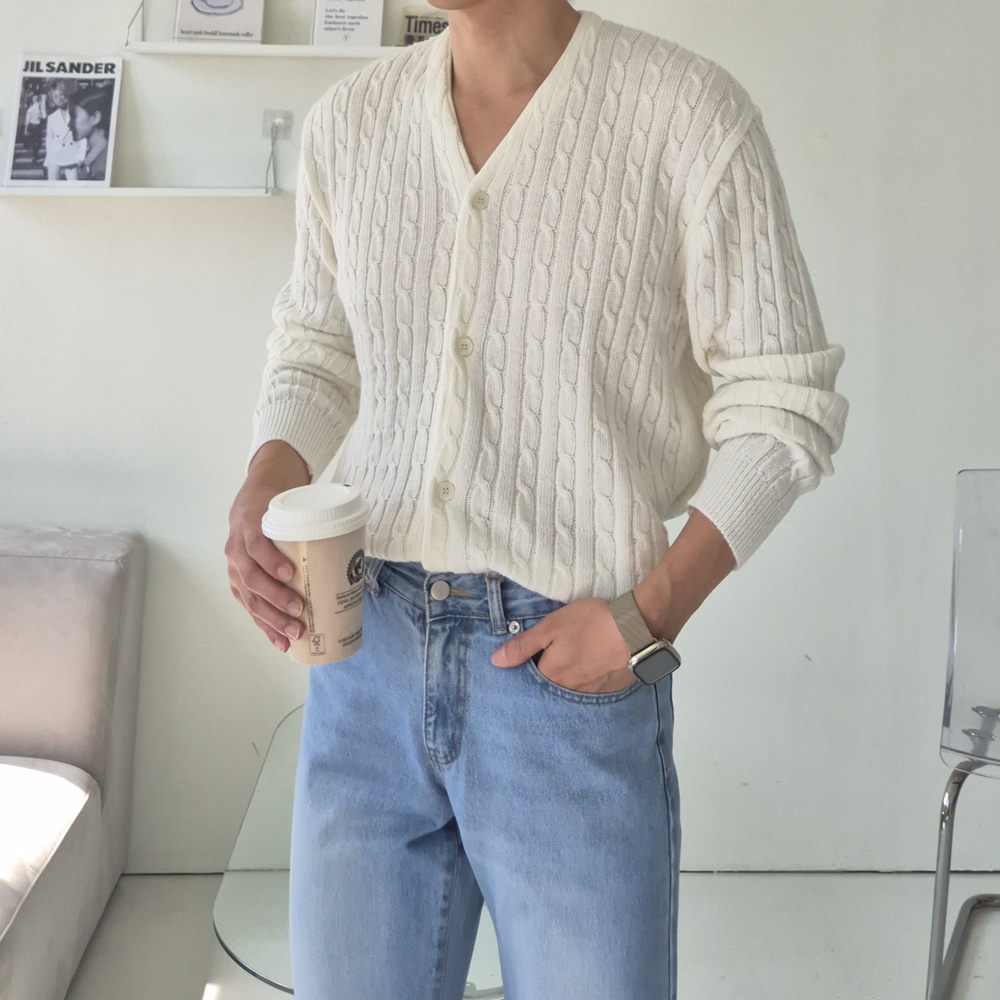 남자 가디건 캐시미어 꽈배기 케이블 커플 레드 빨간 니트 가디건 이미지 7