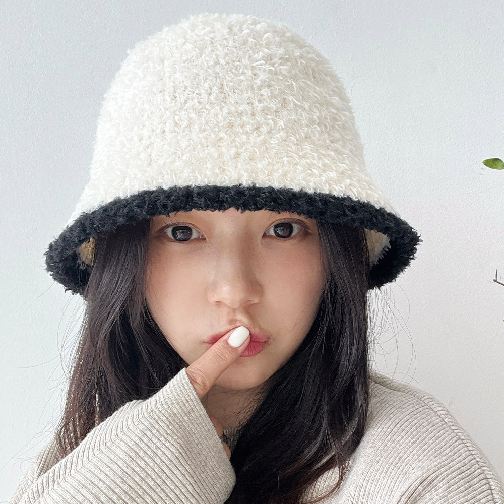 배색 양털 겨울 여자 벙거지 버킷햇 - 상세 이미지 2