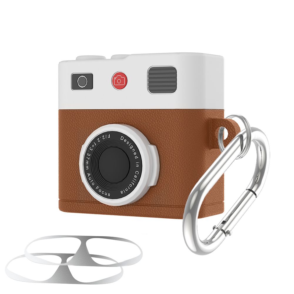 에어팟4 케이스 레트로 카메라 실리콘 커버 철가루 방지 스티커 카라비너 세트 호환