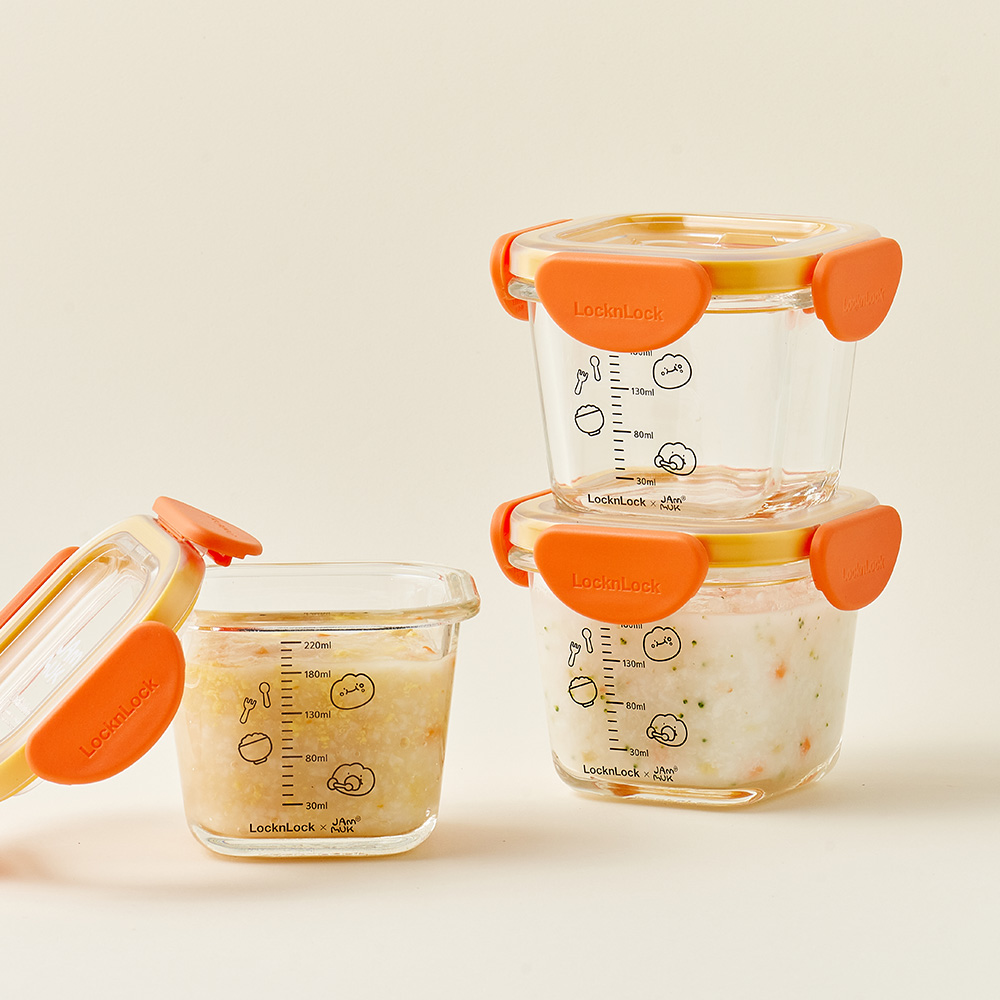 잼먹 락앤락 이유식 유리용기 3P 스푼 세트 아기 그릇 스팀형