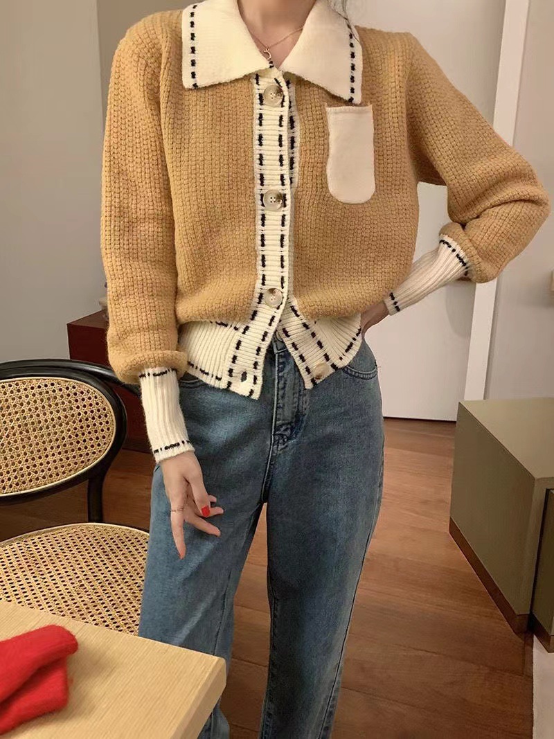 멋퀸 블랙 스티치 카라 허리잘록 카멜 숏가디건 - 메인 이미지