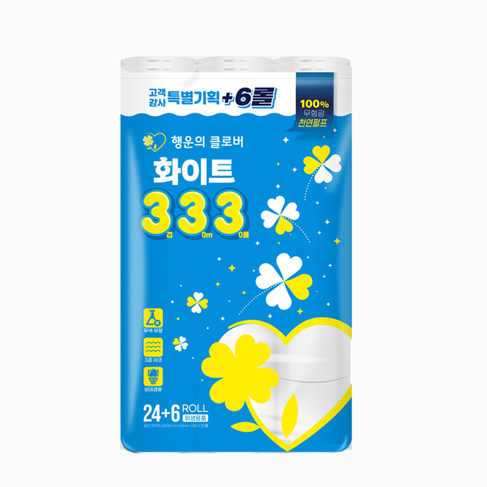 행운의클로버 화이트 333 천연펄프 화장지 30m 3겹 30롤 두루마리휴지