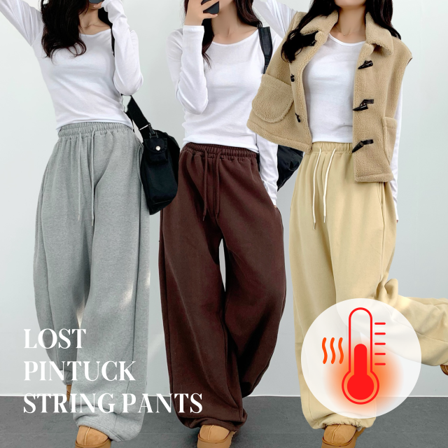 겨울 기모 핀턱 절개 밴딩 와이드 스트링 롱 트레이닝 밴딩 팬츠 - 상세 이미지 4