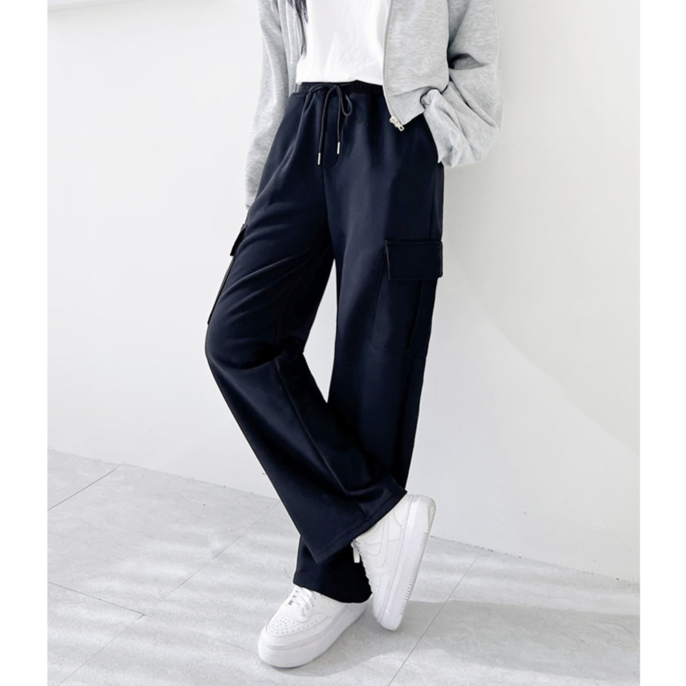기모고무줄바지 여성 통큰 통넓은 와이드 카고 겨울 츄리닝 팬츠 - 상세 이미지 3