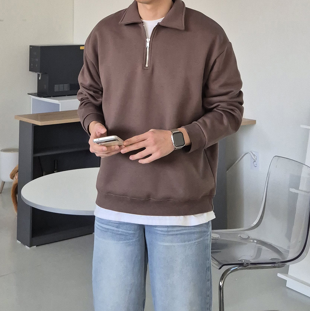 피케 티셔츠 남자 맨투맨 오버핏 기모 반집업 카라 맨투맨 - 상세 이미지 4