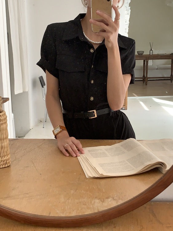 (반팔ver.)로비아 카라넥 셔츠 단추 버튼 포켓 허리 버클 벨트 H라인 일자 앞트임 롱 원피스