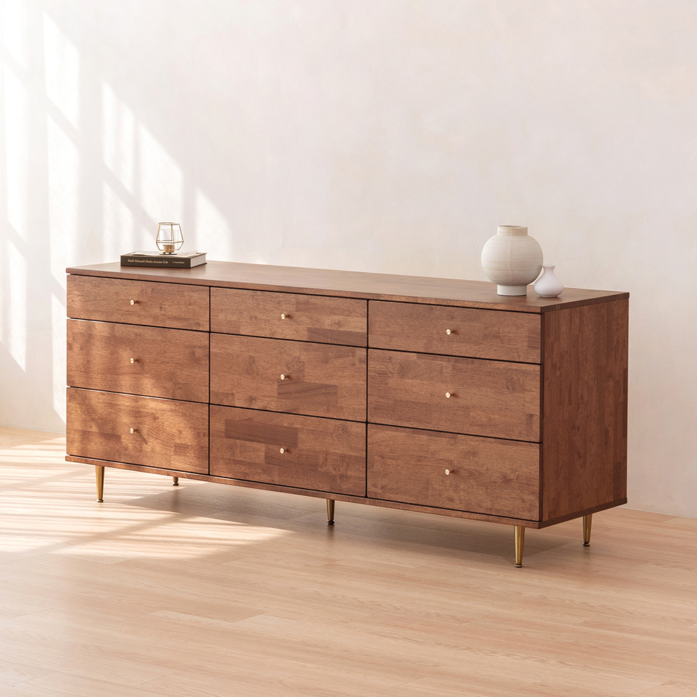 온어우드 브라우니 3단 1800 와이드 고무나무 원목 드레스룸 옷 서랍장