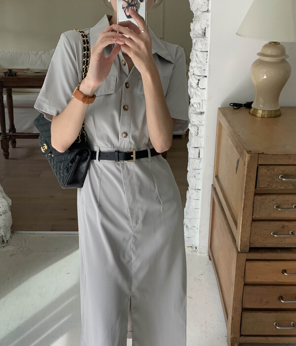 (반팔ver.)로비아 카라넥 셔츠 단추 버튼 포켓 허리 버클 벨트 H라인 일자 앞트임 롱 원피스