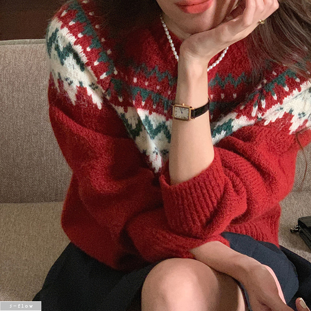 해피 지그재그 패턴 크리스마스 루즈핏 울 니트 2col 가을 겨울 라운드 패턴 제이플로우 - 상세 이미지 4