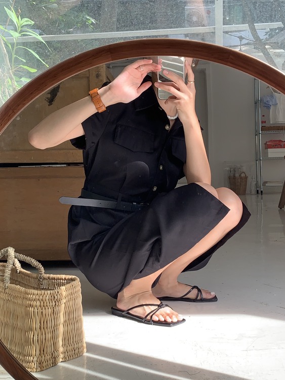 (반팔ver.)로비아 카라넥 셔츠 단추 버튼 포켓 허리 버클 벨트 H라인 일자 앞트임 롱 원피스