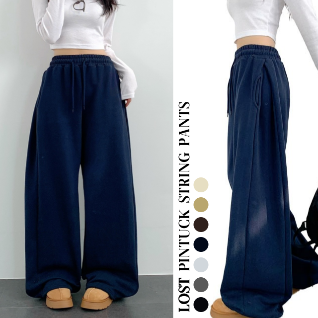 겨울 기모 핀턱 절개 밴딩 와이드 스트링 롱 트레이닝 밴딩 팬츠 - 상품 이미지