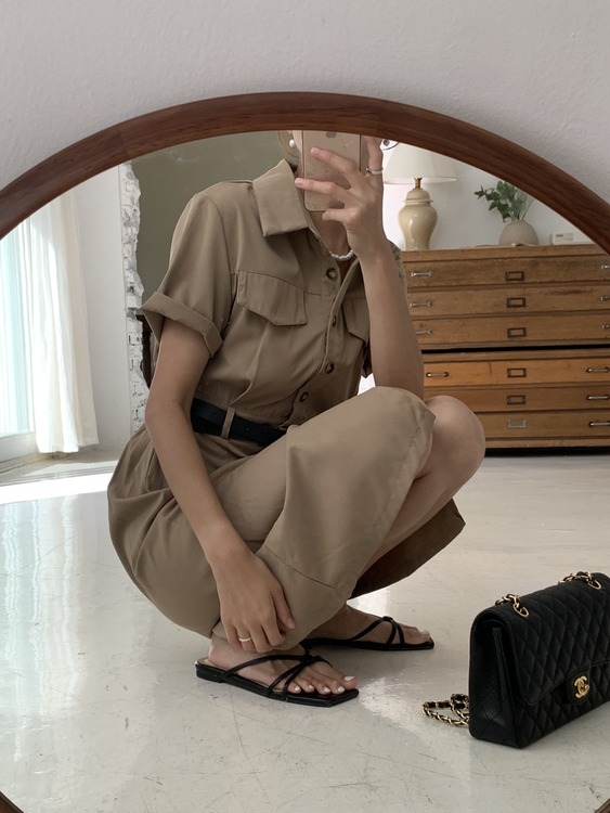 (반팔ver.)로비아 카라넥 셔츠 단추 버튼 포켓 허리 버클 벨트 H라인 일자 앞트임 롱 원피스