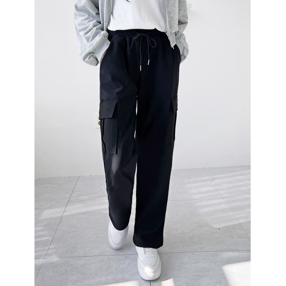 기모고무줄바지 여성 통큰 통넓은 와이드 카고 겨울 츄리닝 팬츠 - 상세 이미지 4