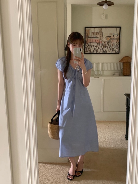 무크 셔링 리본매듭 밴딩 브이넥 린넨 코튼 여름 여자 셔링 롱 원피스