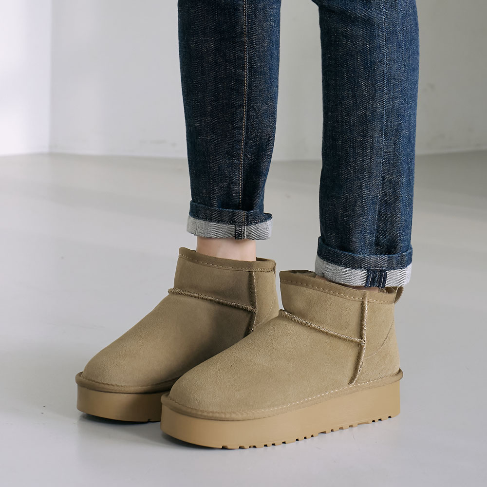 부드러운 퍼트리밍 천연소가죽 여성 통굽 숏 털부츠 4cm - 상세 이미지 5
