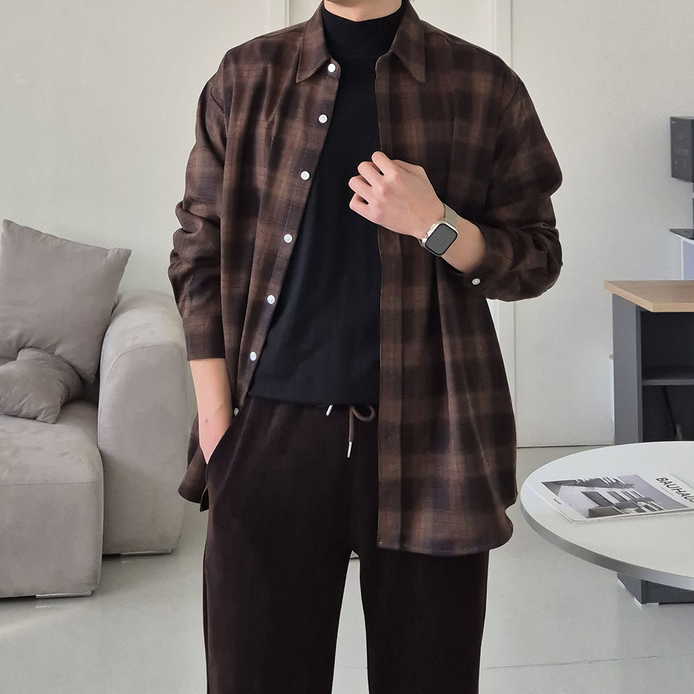 남자 체크셔츠 오버핏 구김없는 커플 남방 남자 셔츠 - 상품 이미지
