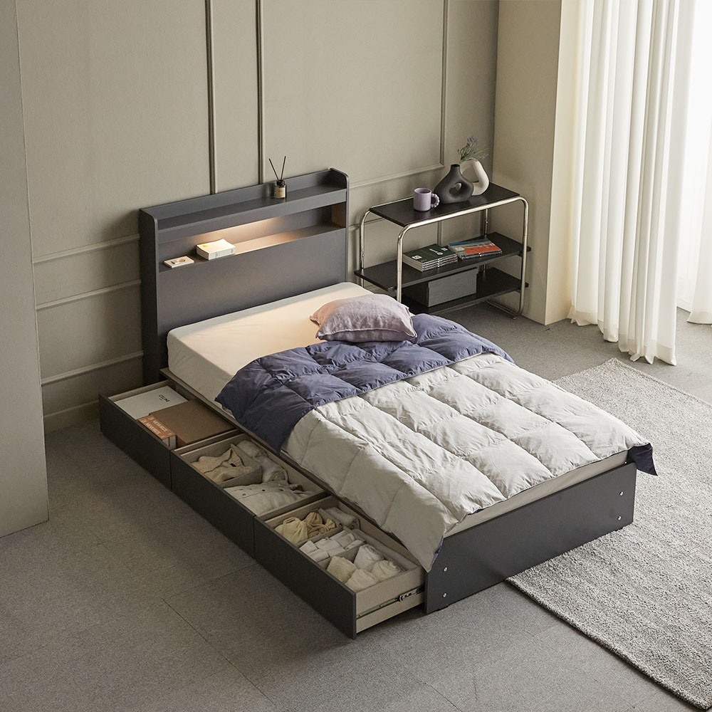 장인가구 메이비 LED 직선헤드 수납 침대프레임 싱글 S (높이230)