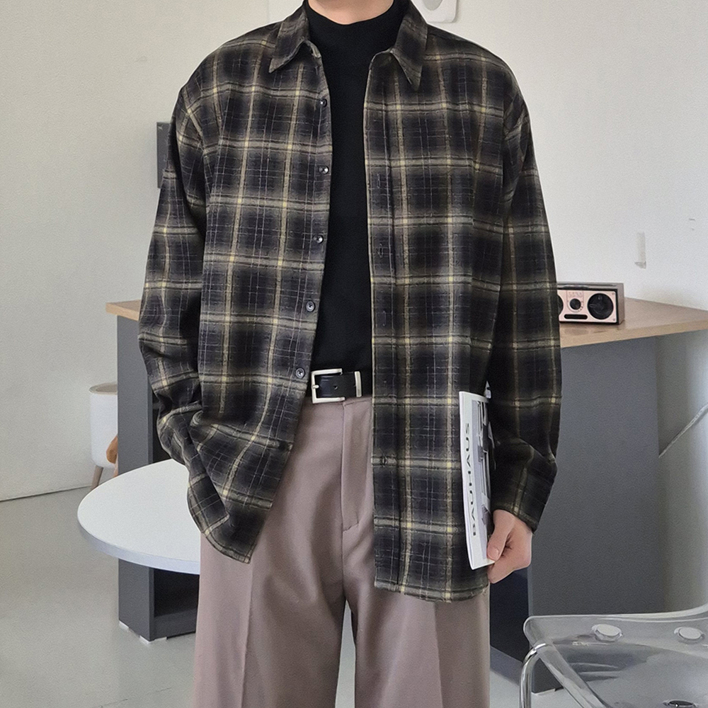 남자 체크셔츠 오버핏 구김없는 커플 남방 남자 셔츠 - 상세 이미지 3