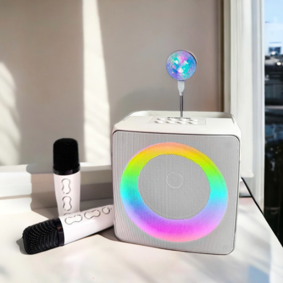 레인보우 블루투스 노래방 마이크 듀얼 무선 명품 스피커 LED 미러볼 차박 홈파티 화이트