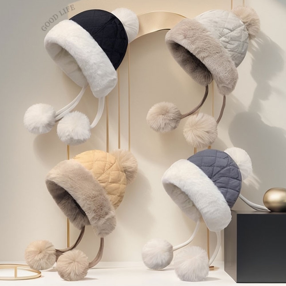 멜럽 여성 방울 털모자 겨울 방한 누빔 귀마개 왕방울 모자 - 상품 이미지
