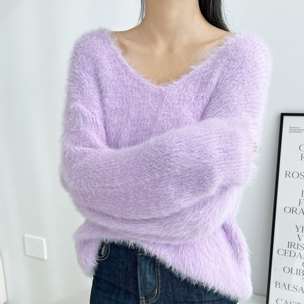 연보라니트 보라색 퍼플 보트넥 부클 퍼 털 가을 겨울 니트