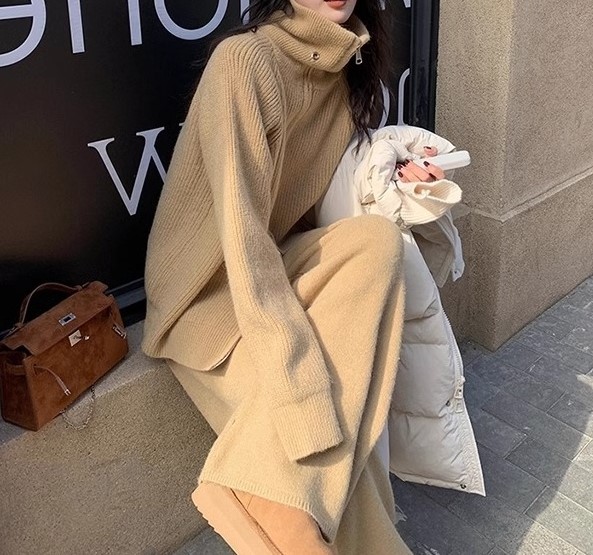 여자여자몰 겨울원단도톰 투웨이지퍼 집업 니트바지세트 겨울 팬츠투피스 아우터레이어드 - 상세 이미지 2
