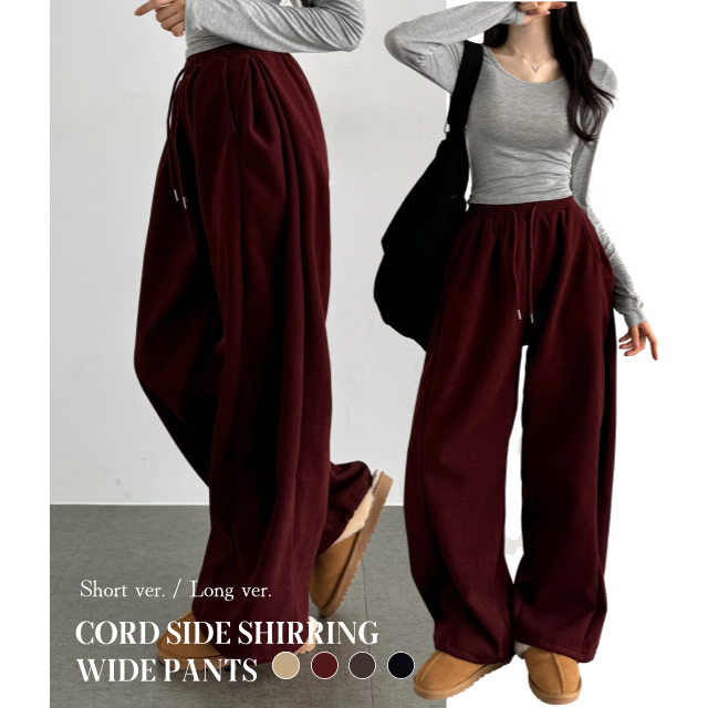 기모안감 도톰 코르드 융기모 스트링 하이웨스트 와이드 팬츠 - 상세 이미지 3