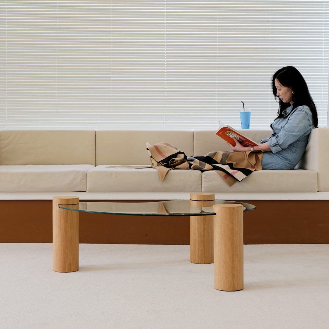 자야캠핑 반타 1720 브라운 오크 천연 원목 유리 소파 테이블