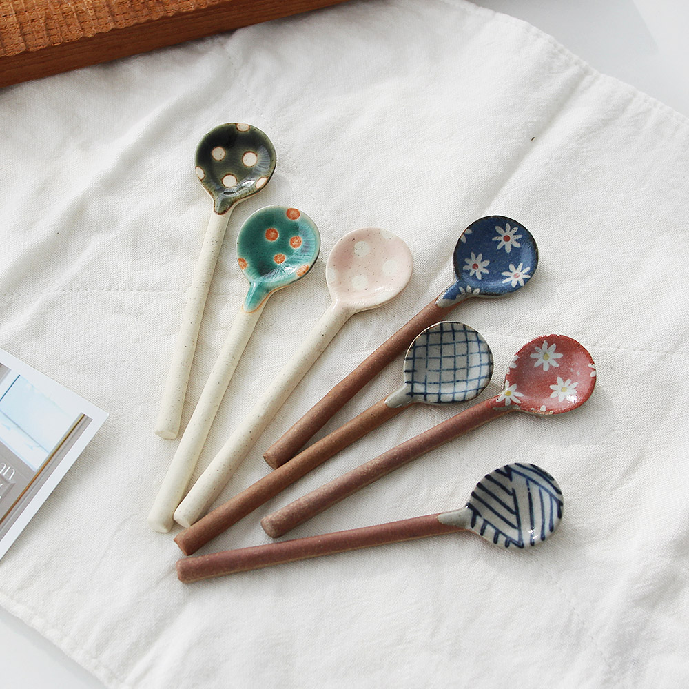 감성 팔레트 핸드메이드 무광 도자기 티스푼 7style 도트 플라워 홈카페 빈티지 티타임