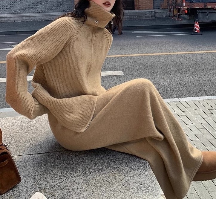 여자여자몰 겨울원단도톰 투웨이지퍼 집업 니트바지세트 겨울 팬츠투피스 아우터레이어드 - 상품 이미지