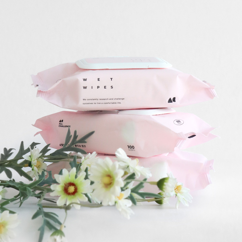 올챌린지 보이는 물티슈 핑크 100매 10팩+10팩 캡형 저자극 대용량 플레인