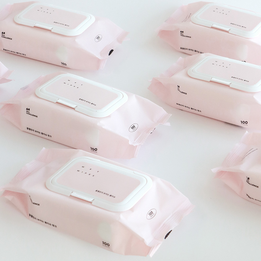 올챌린지 보이는 물티슈 핑크 100매 10팩+10팩 캡형 저자극 대용량 플레인