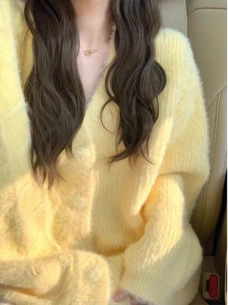 노란색 앙고라 가디건 퍼 니트 노랑 카디건 옐로우 털 겨울 브이넥 이미지 6