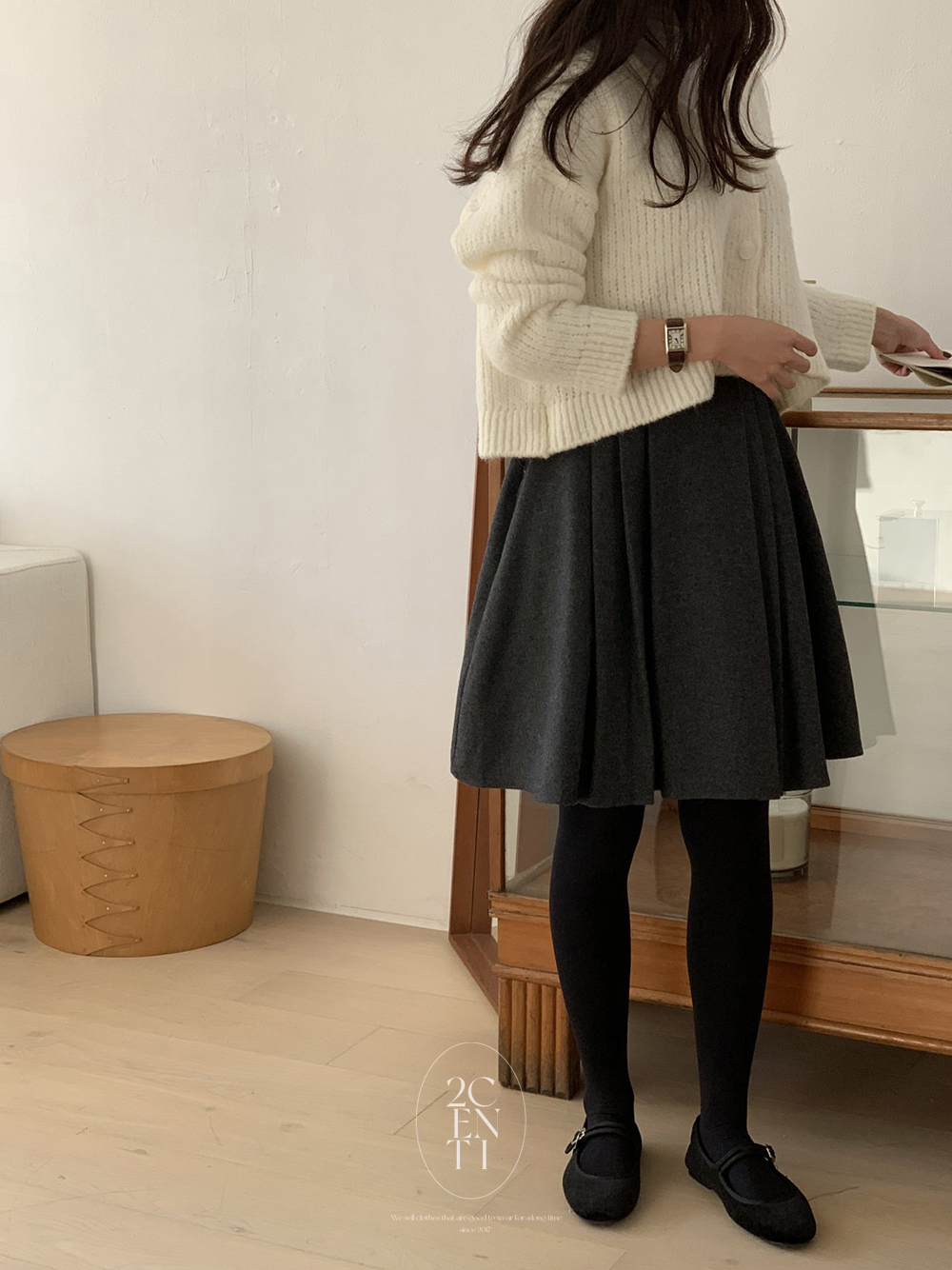 그렌드 울 미디 밴딩 플레어스커트 (2color) 플리츠 A라인 훌 스커트 - 상세 이미지 5