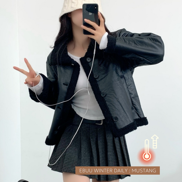 블랙 카라 양털 레더 블랙 무스탕 - 상품 이미지