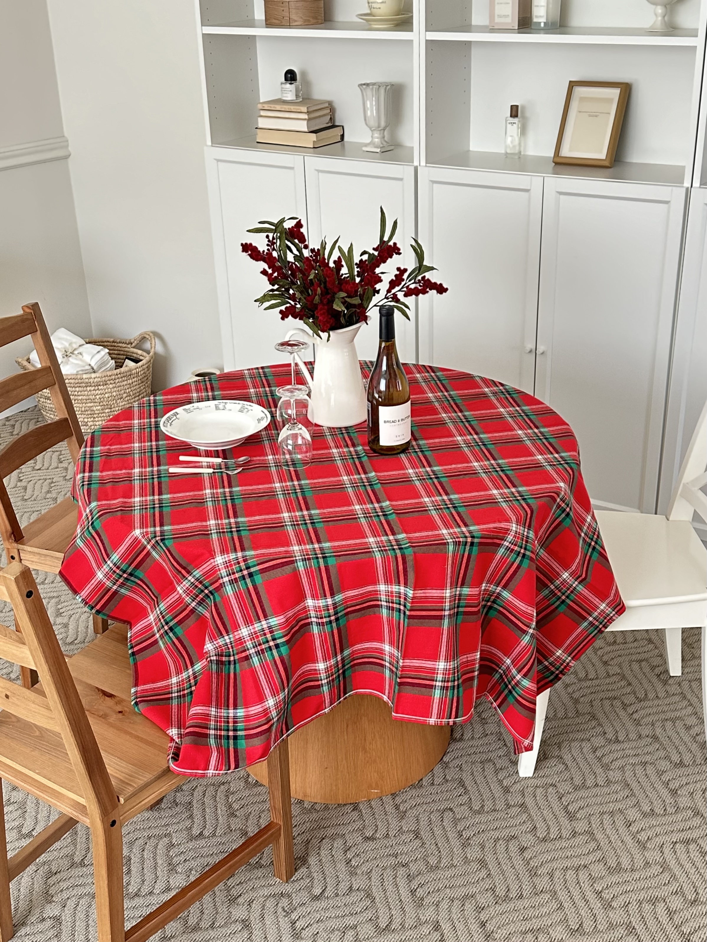 (광목파우치증정)노엘 크리스마스 테이블보 헤링본 기모 타탄체크 식탁보 덮개 캠핑
