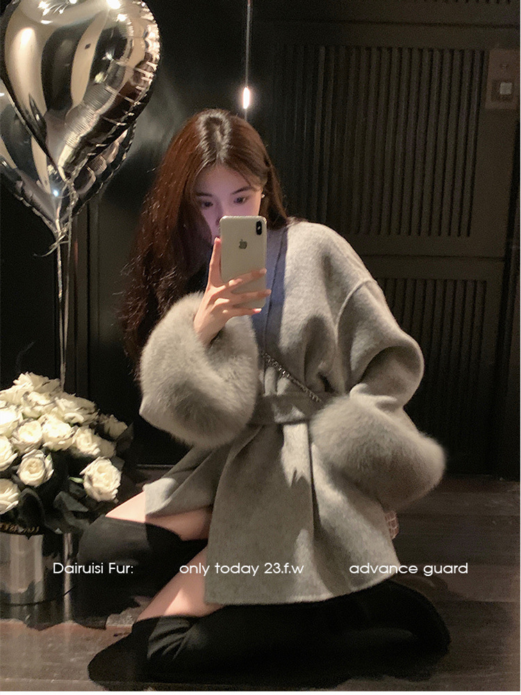 멋퀸 소매 탈부착 폭스퍼 숄카라 벨트 양모 울 하프코트 - 상품 이미지
