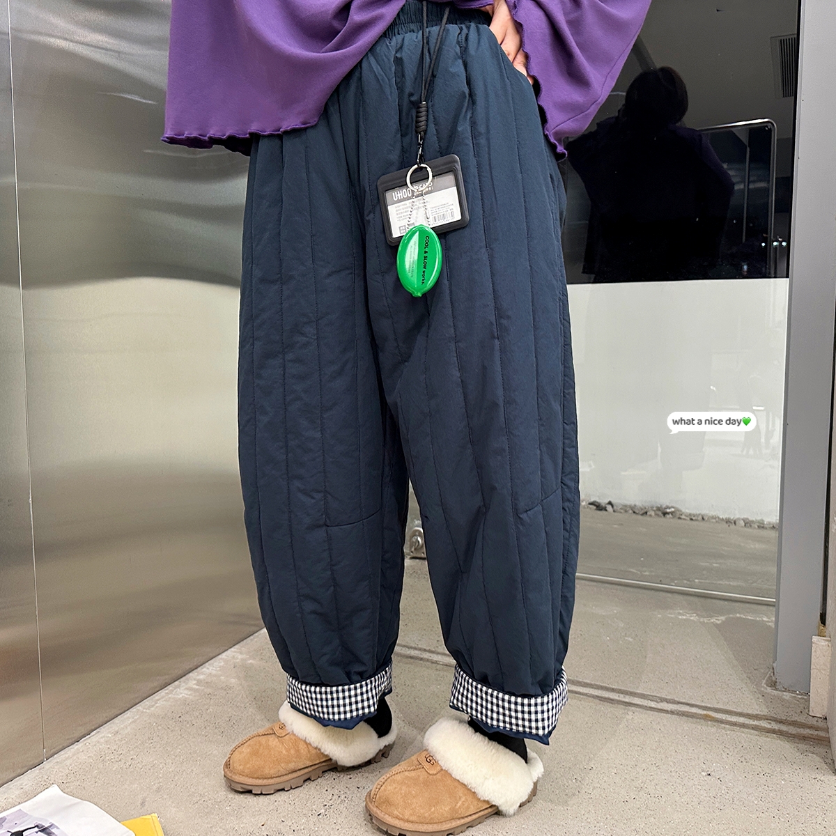 패딩바지 겨울 배기핏 여성 누빔 솜바지 체크배색 7963 - 메인 이미지