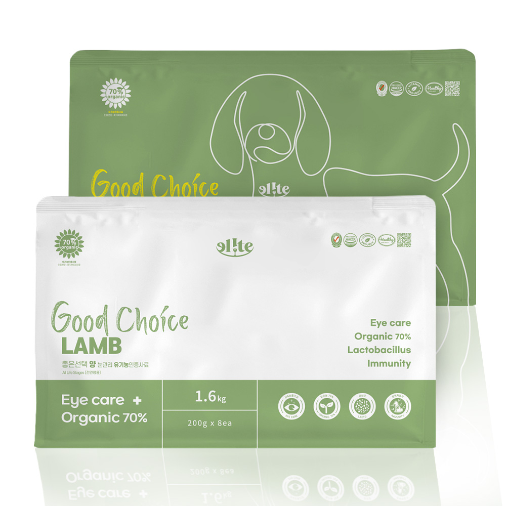 엘릿 엘리트 그레인프리 유기농 강아지 사료 굿초이스 양고기 눈&눈물 1.6kg