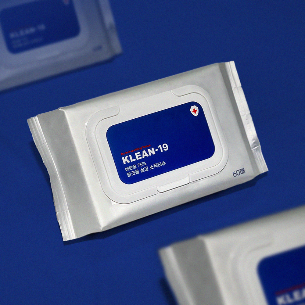 KLEAN-19 에탄올 75% 소독티슈 세정티슈 알콜 살균 차량용 캠핑 애견패드 60매